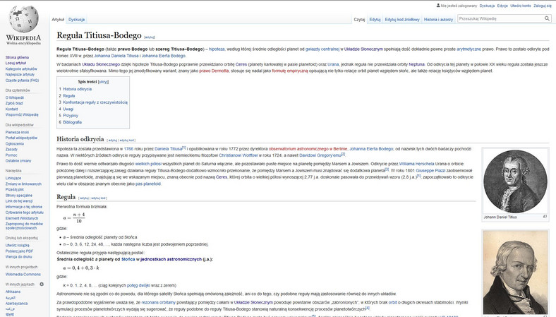 Pierwszy artykuł w polskiej Wikipedii dotyczył reguły Titiusa-Bodego