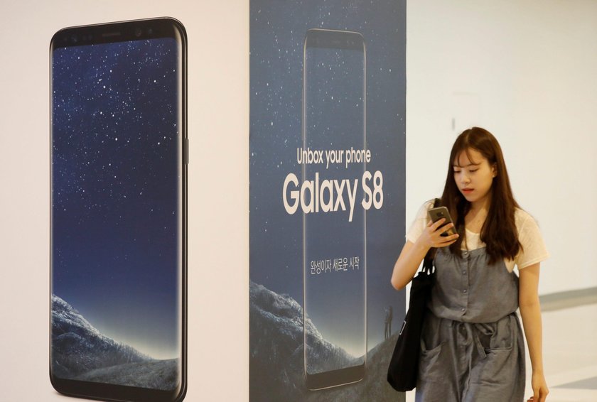 A Samsung Electronics's Galaxy S8 is displayed at its office building in Seoul