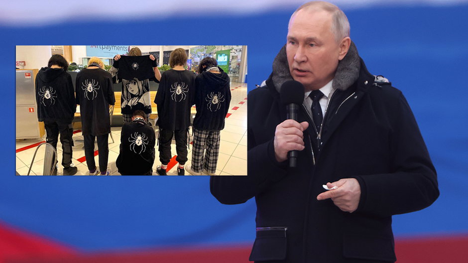 Prezydent Rosji Władimir Putin i zdjęcie przedstawiające członków subkultury PMC Ryodan