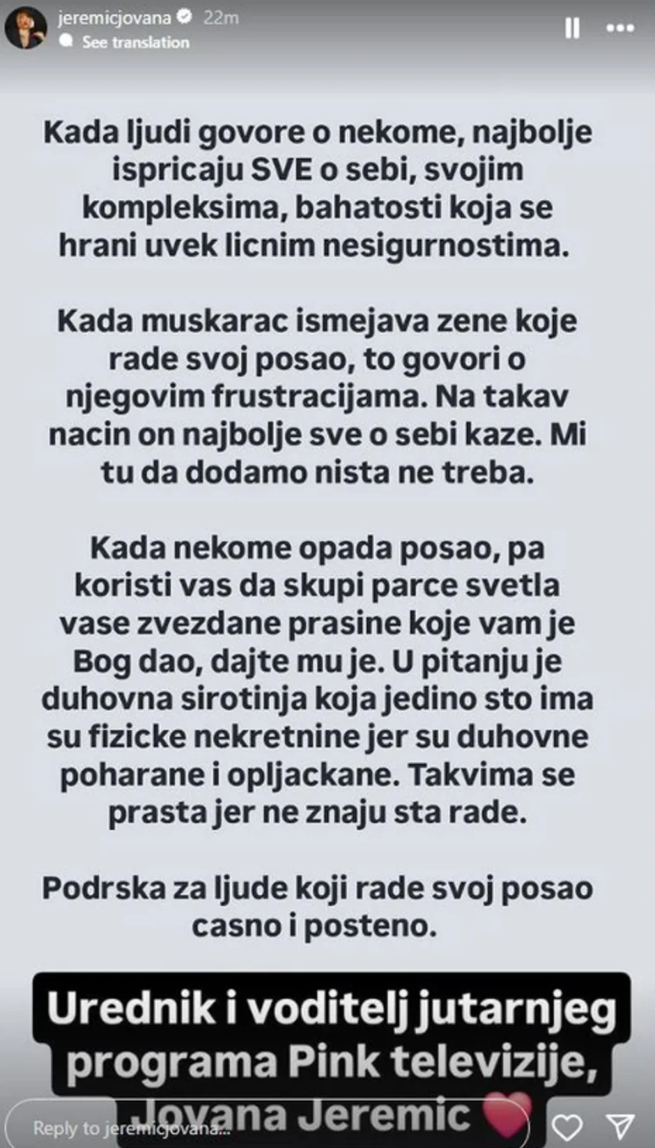 Jovana Jeremić objava