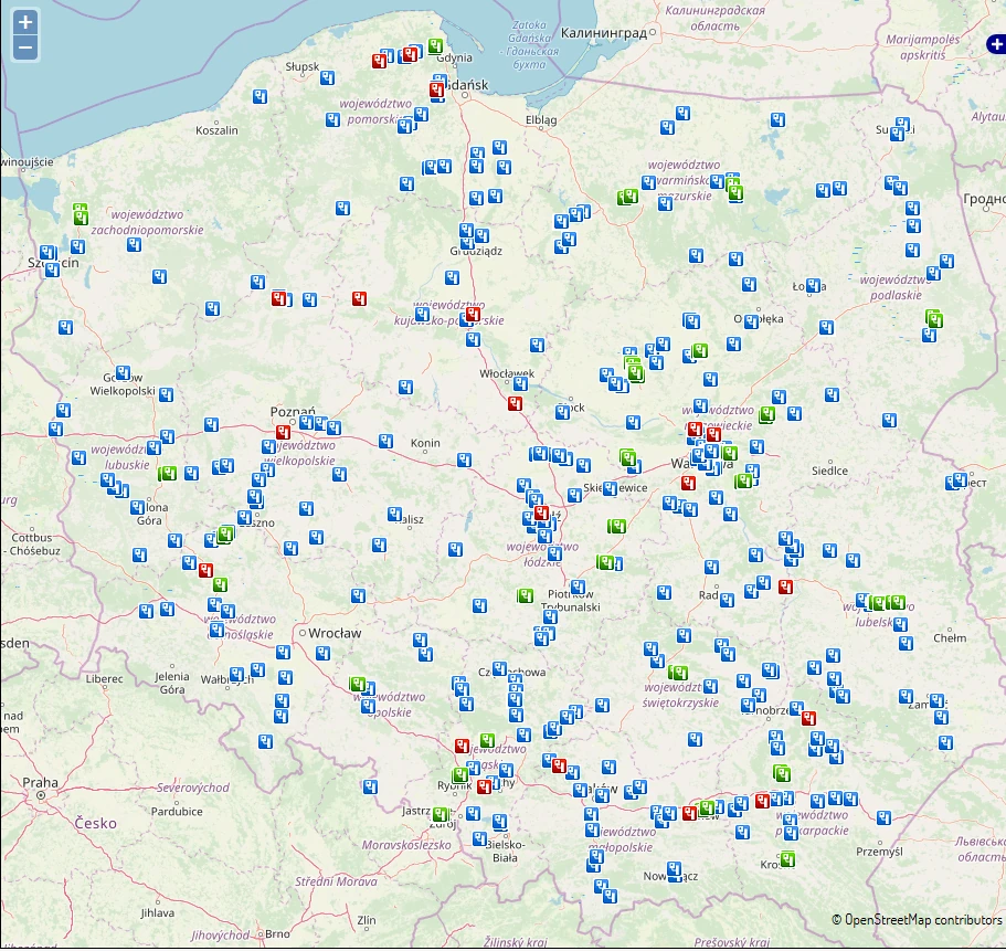 Poglądowa mapa fotoradarów, odcinkowym pomiarów prędkości i przekraczania na czerwonym świetle - Centrum Automatycznego Nadzoru nad Ruchem Drogowym