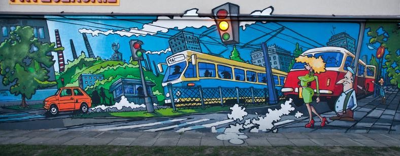 Mural - "1977" - na osiedlu Handlowym, stworzony przez Łukasza Lendę