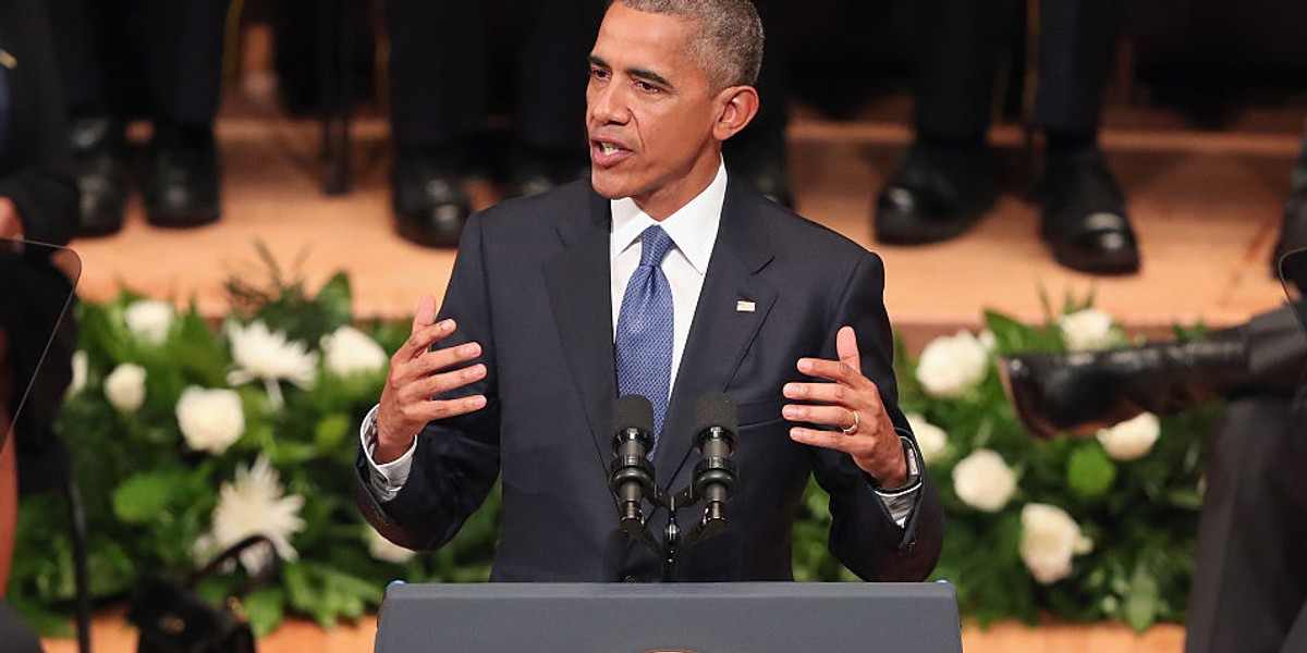 President Barack Obama delivers remarks during an interfaith memorial service honoring five slain Dallas police officers.