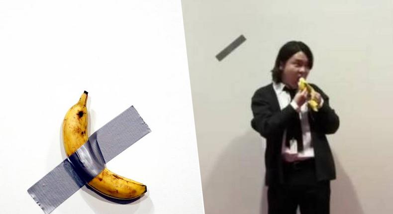 un étudiant mange une banane à 120000 dollars présentée comme une œuvre d'art