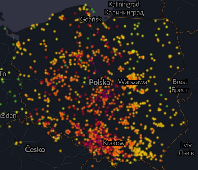 Mapa jakości powietrza w Polsce ok. godz. 23.00 19.03.2024r.