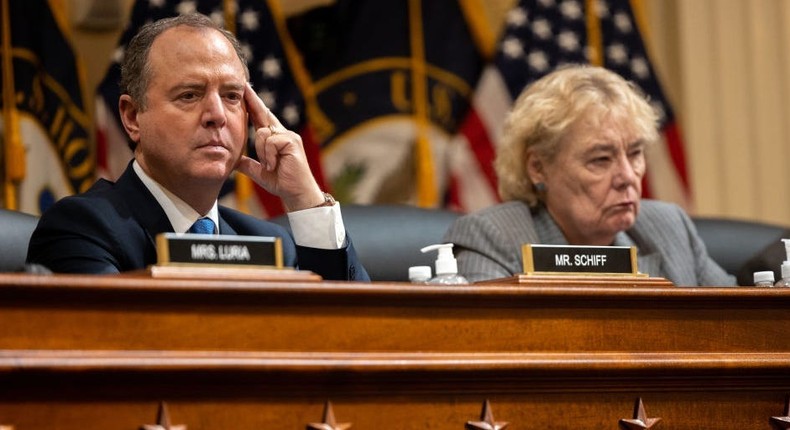 Rep. Adam Schiff (L) and others are seen during the sixth public hearing by the House Select Committee to Investigate the January 6th Attack on the US Capitol, in Washington, DC, USA, 28 June 2022.