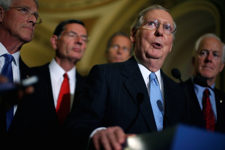 Majority Leader Mitch McConnell (R-KY) is flanked by fellow Republican leaders during a news conference at the Capitol in Washington on September 13, 2016.
