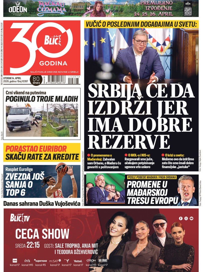 Blic naslovna strana za 14.4.