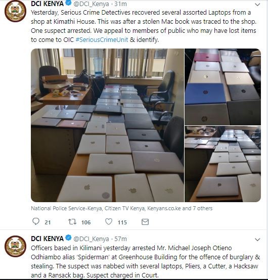 DCI arrest Nairobi's notorious criminal Spiderman, recover several stolen laptops from shop at Kimathi house 