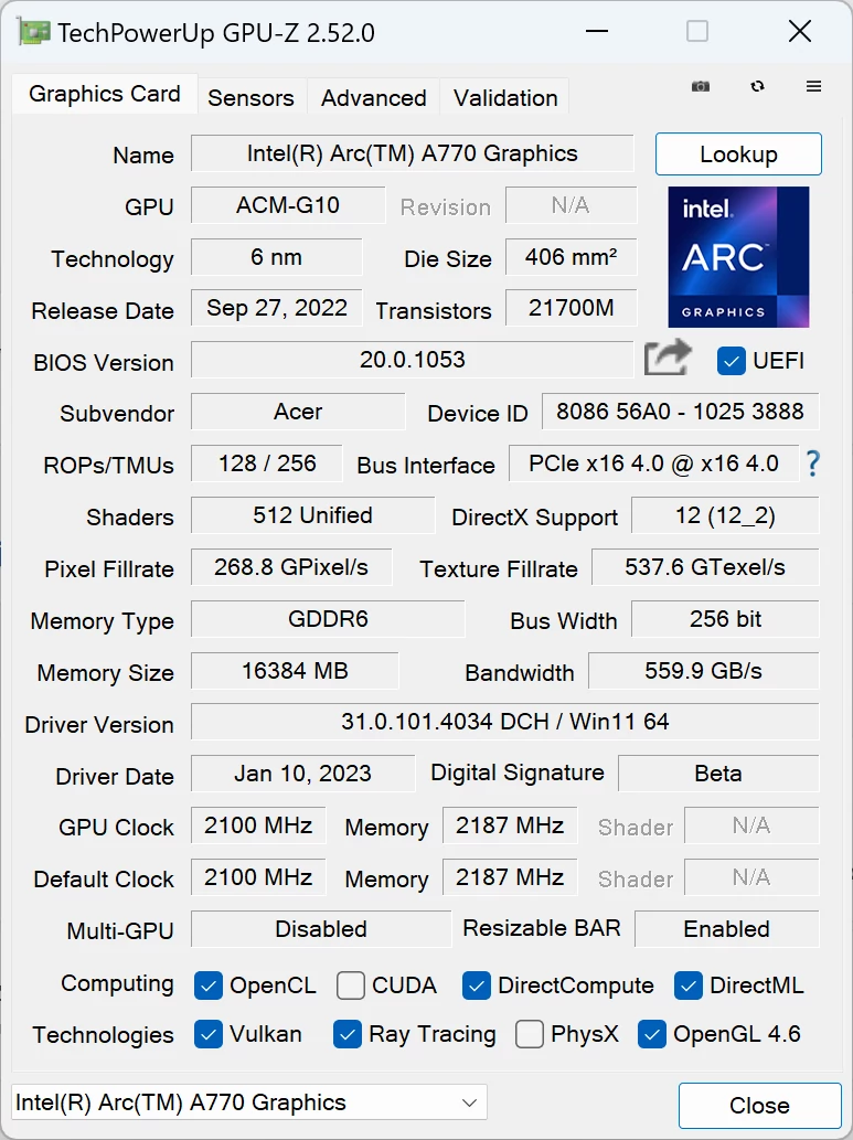 Intel Arc A770 –  GPU-Z – specyfikacja modelu Predator Arc A770 BiFrost OC