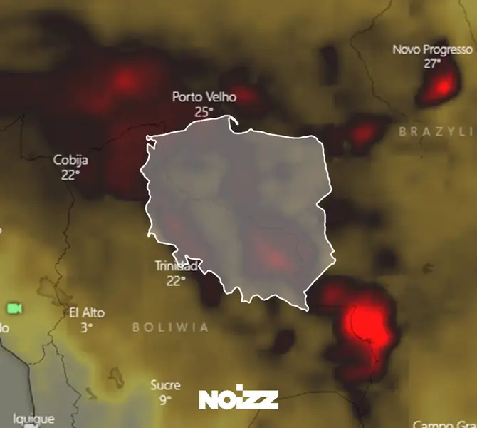 Czerwone plamy wskazują na bardzo wysokie stężenie tlenku węgla, co w praktyce oznacza aktywny pożar