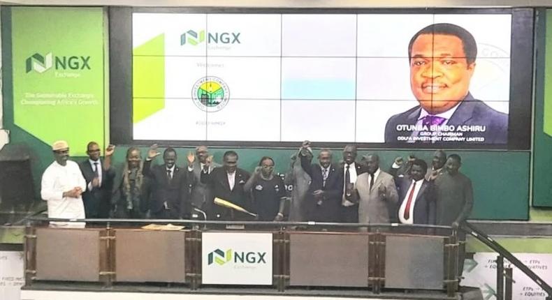 Management of Odu’a Investment Company Ltd and NGX at the closing gong ceremony of the Exchange on Friday in Lagos [NAN]