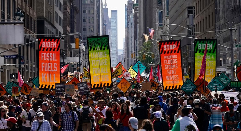 Climate activists marched on Madison Avenue while protesting energy policy and the use of fossil fuels during New York's Climate Week.Bryan Woolston/Associated Press