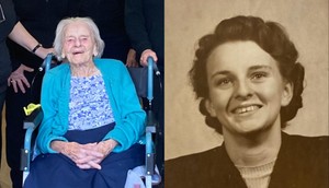 Joyce Preston at 100 years old at her care home, and Preston as a young woman.Abney Court Care UK/ Joyce Preston