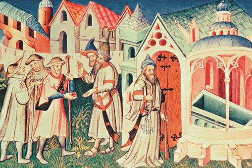 Ms Fr 2810 fol.274, Pilgrims in front of the Church of the Holy Sepulchre of Jerusalem, from 'Livre 