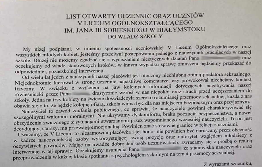 List uczniów do dyrekcji V LO w Białymstoku 