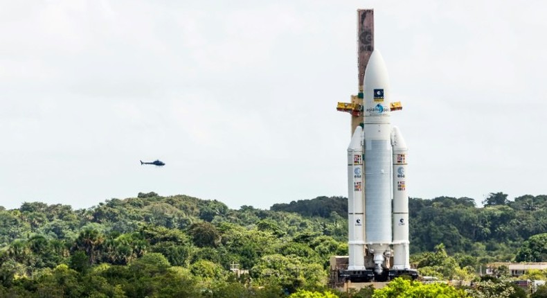 An Ariane 5 rocket sits on the launch pad at the Kourou Space Center in French Guiana