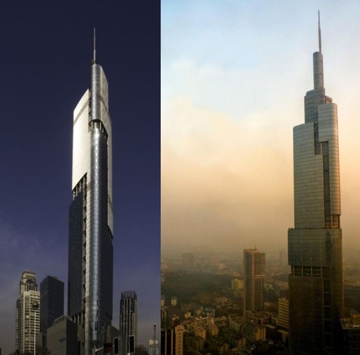 Znany też jako Nanjing Greenland Financial Center, chiński wieżowiec plasuje się na 10. miejscu na świecie pod względem wysokości (450 m do szczytu i 381 m do linii dachu). Pod względem kosztów budowy w przeliczeniu na 1 mkw. powierzchni użytkowej zajmuje jednak aż 3. miejsce wśród 10 najwyższych budynków (7,2 tys. dol./mkw.).  Powierzchnia użytkowa na 89 piętrach budynku sięga 137,5 tys. mkw. Znajdują się tu biura, powierzchnie handlowe, liczne restauracje i obserwatorium astronomiczne. Na budowę wieżowca wydano w sumie około 1 mld dol. Budynek, zaprojektowany przez Adriana Smitha z pracowni SOM, został oddany do użytku w 2010 roku. Fot. Quentin Scouflaire, MtBell, CC BY 2.0