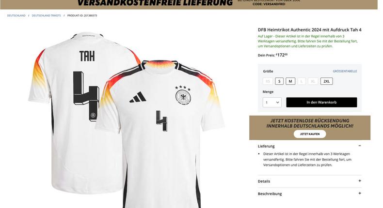 A store page for a jersey designed by the German Football Association, bearing the number 4 that some say looks like the lightning bolts of the SS logo.Screenshot/DFB-Fanshop