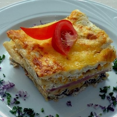 Kukoricás-sonkás-gombás lasagne