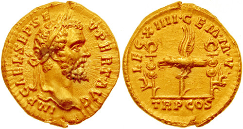 Złota moneta z wizerunkiem cesarza Septymiusza Sewerusa