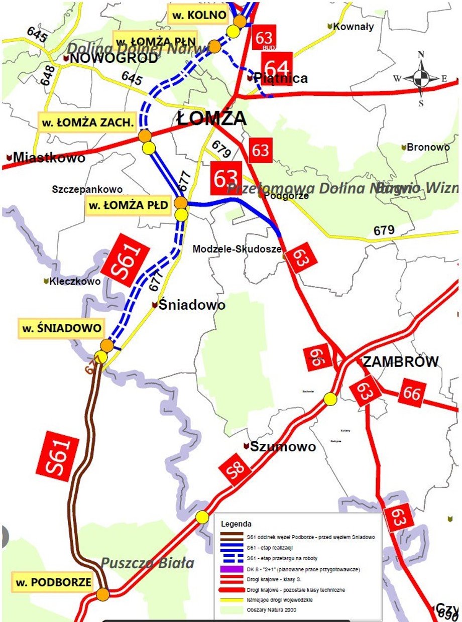 Przebieg S61 na odcinku Ostrów Mazowiecka - Kolno