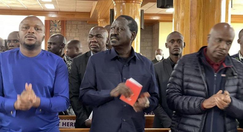 Raila Odinga with Lang'ata MP-elect Jalang'o and incumbent Baringo Senator Gideon Moi during a church service at St. Francis ACK Church in Karen on August 14, 2022