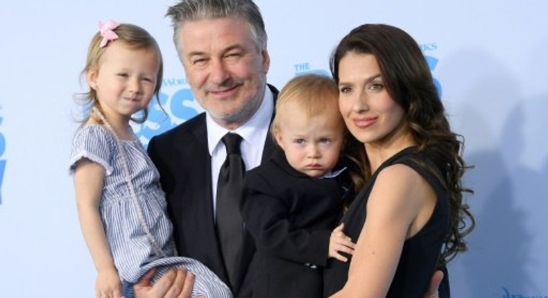 Alec Baldwin (2ndL) poses with his children Carmen, Rafael and his wife Hilaria at The Boss Baby New York Premiere in March 2017