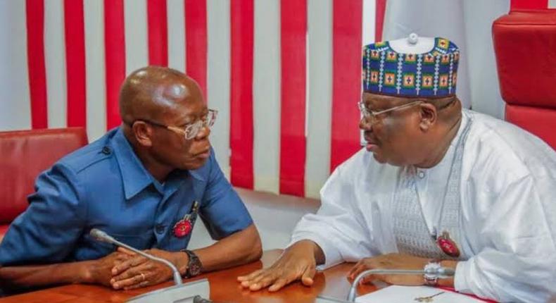 APC national chairman, Adams Oshiomhole and the Senate President Ahmad Lawan (The Cable)