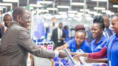 President William Ruto during a tour of Hela Apparel factory in Athi River, Machakos County on April 23, 2024