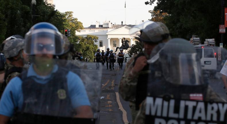 Police clear the area around Lafayette Park and the White House as demonstrators gather to protest the death of George Floyd, Monday, June 1, 2020, in Washington. Floyd died after being restrained by Minneapolis police officers. (AP Photo/Alex Brandon)