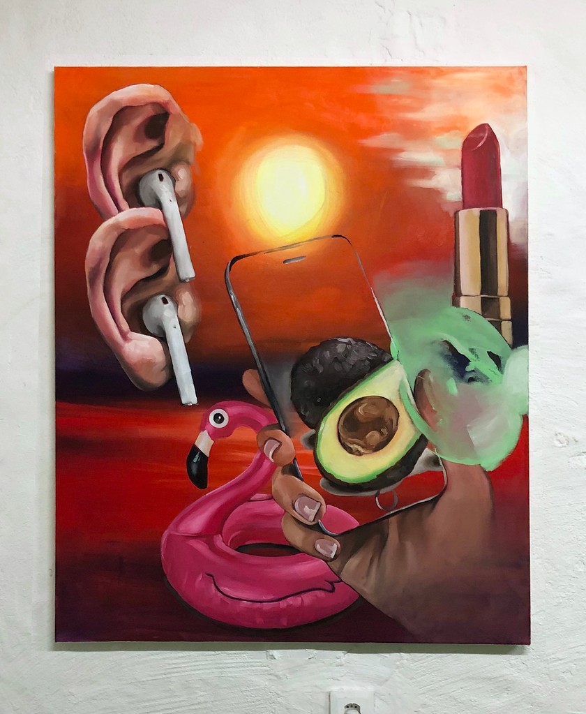 Les œuvres de Jill représentent toujours des collages très colorés. La jeune artiste assemble divers motifs, comme on le voit ici dans son œuvre «Airpods».