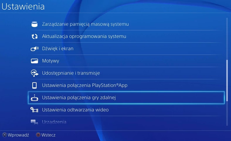 PS4 - uruchomienie zdalnej gry na PC. Wchodzimy w menu Ustawień i wybieramy opcję Ustawienia połączenia gry zdalnej