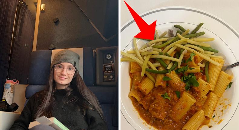 The author sits in her roomette (L). One of the author's vegetarian meals on the train (R).Jordan Parker Erb/Insider
