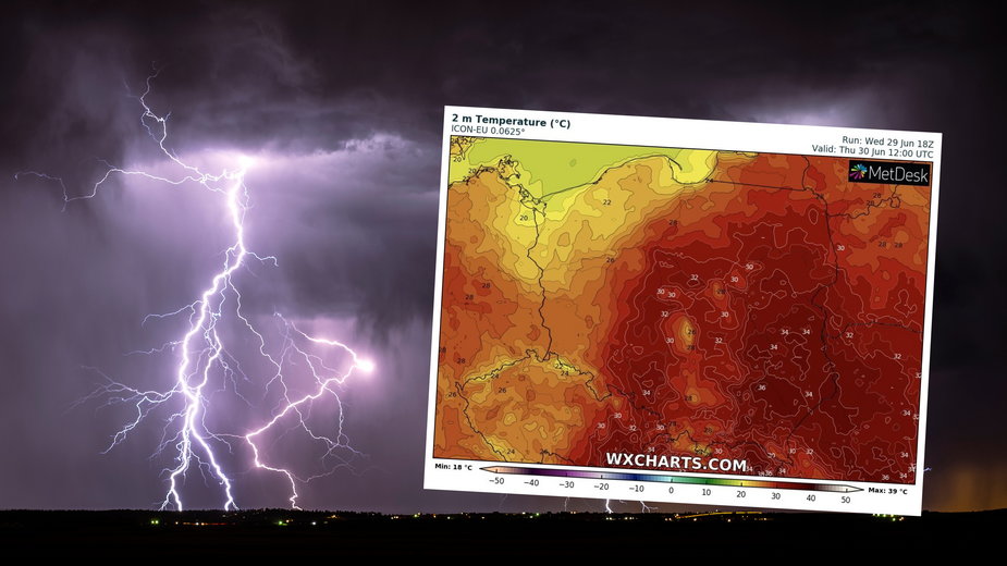 Czwartek z wielkim upałem i dużym zagrożeniem ze strony silnych burz (mapa: wxcharts.com)