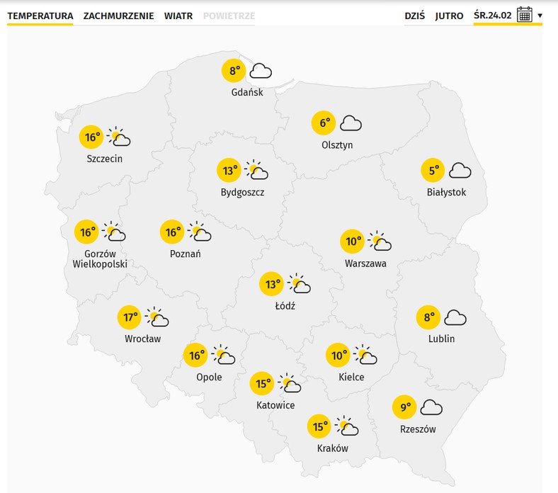 Prognozowana temperatura dla Polski na wtorek