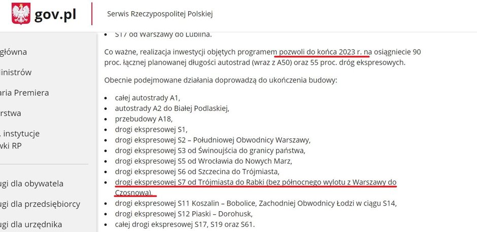 Zapisy Rządowego Programu Budowy Dróg Krajowych dotyczące trasy S7