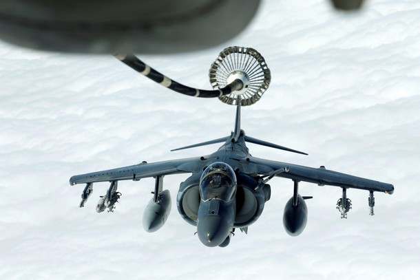 US Marines Harrier AV-8B makes its way to fueling boom suspended from US Air Force KC-10 Extender du