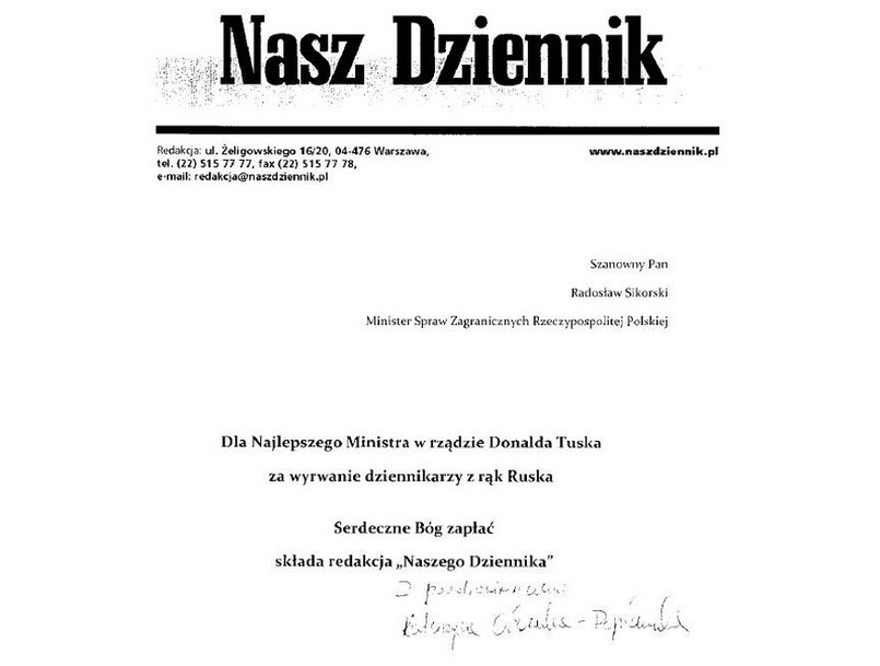 List przesłany Radosławowi Sikorskiemu przez redakcję "Naszego Dziennika"