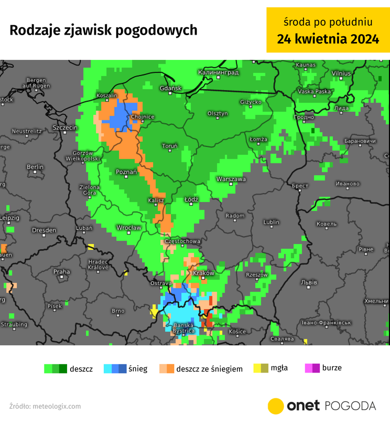 Przy tak niskiej temperaturze opady deszczu lokalnie mogą zamieniać się w śnieg