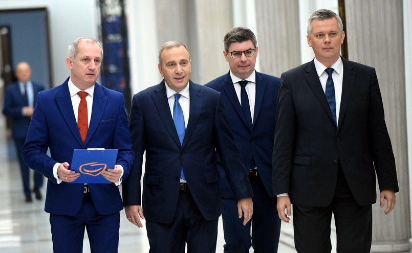 Grzegorz Schetyna, Tomasz Siemoniak, Sławomir Neumann oraz rzecznik prasowy PO Jan Grabiec