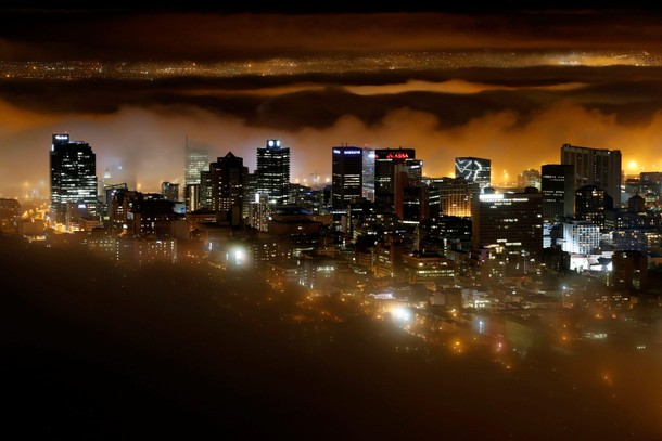 Seasonal fog enshrouds buildings in the city centre of Cape Town