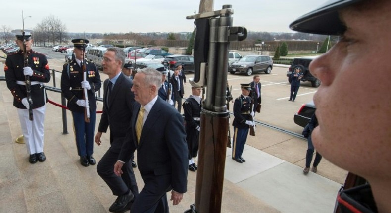 US Secretary of Defense James Mattis (R) welcomes Jens Stoltenberg, Secretary General of the North Atlantic Treaty Organization(NATO) to the Pentagon