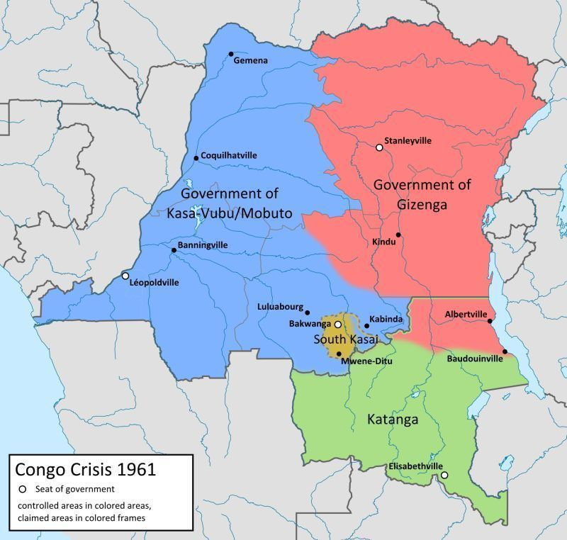 Mapa Kongo w czasie wojny domowej w początku lat 60. (aut. Don-kun, Uwe Dedering, opublikowano na licencji Creative Commons Uznanie autorstwa 3.0)