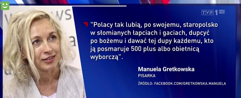 "Wiadomości" TVP cytują wpis Manueli Gretkowskiej, zmieniając jej słowa