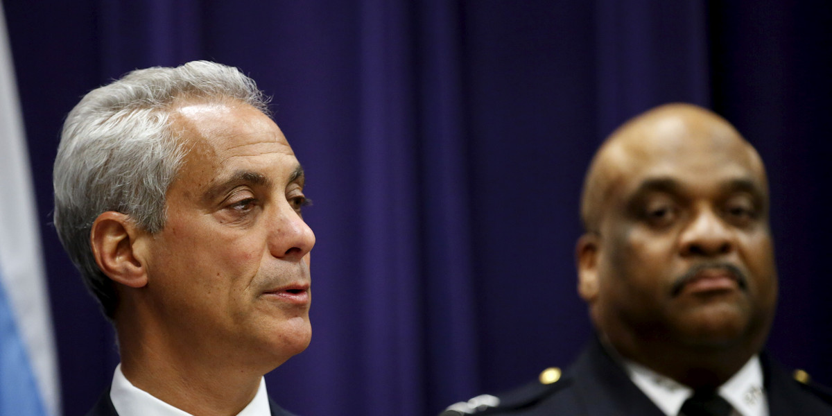 Chicago Mayor Rahm Emanuel (L) and Eddie Johnson (R), Superintendent of the Chicago Police Department.