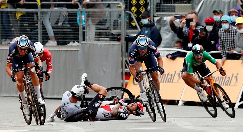 Peter Sagan and Caleb Ewan crashed in Monday's sprint finish at the Tour de France.
