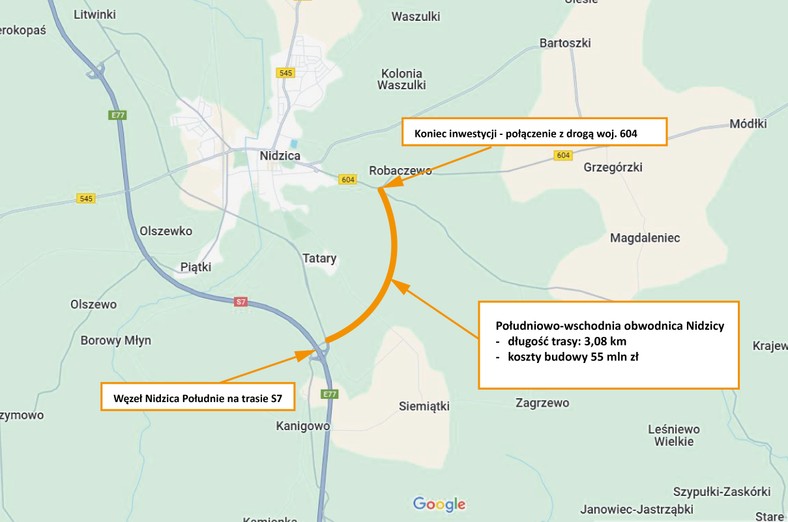 Południowo-wschodnia obwodnica Nidzicy - orientacyjny przebieg trasy