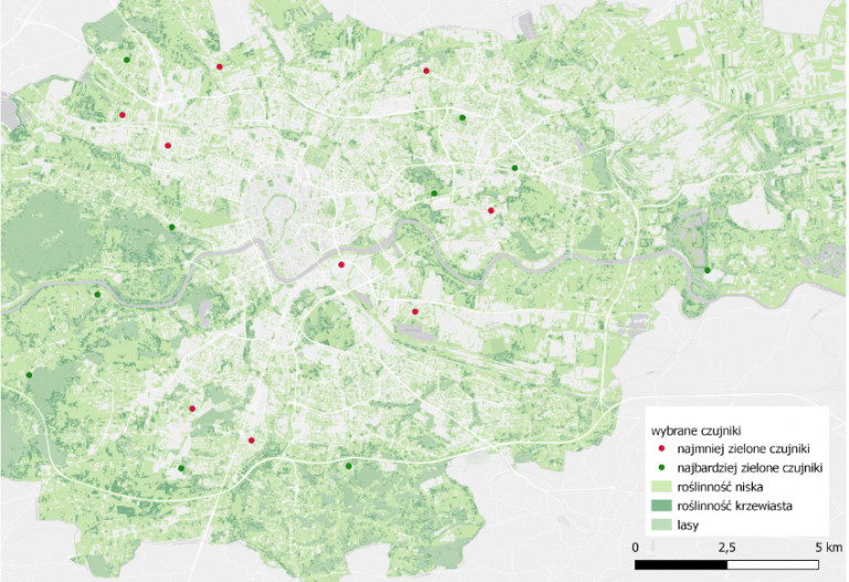 Lokalizacja najbardziej i najmniej zielonych czujników w Krakowie