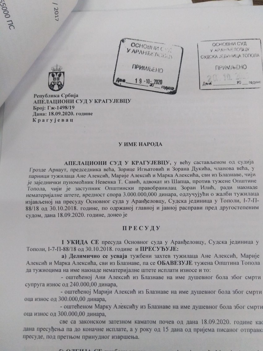 Presuda Apelacionog suda u Kragujevcu